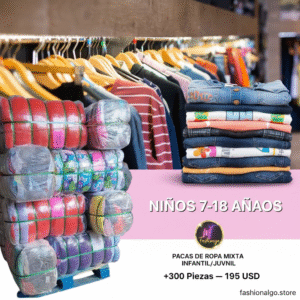PACA DE ROPA RECICLADA NIÑOS Y JÓVENES MIXTA 7-18 AÑOS (+300 PIEZAS - 100 LB)